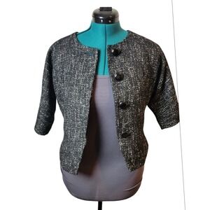Anne Klein Women Size 2P Textured Black Gold Cropped Jacket 3/4 Sleeve Button Up